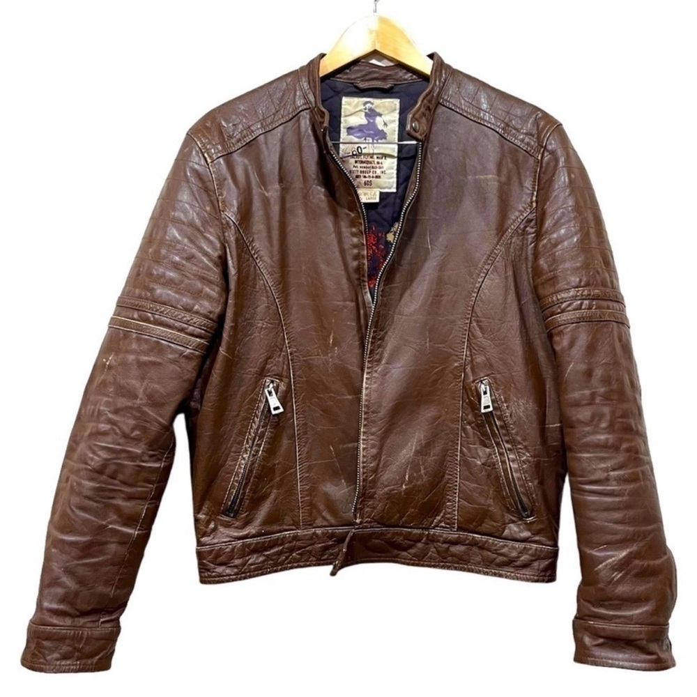 VINTAGE Sixty Brown Leather Distressed Moto Jacket Large .. zipper broken